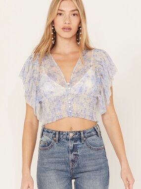 Free People Boho Floral Sheer Ruffle Sleeve Crop Top S